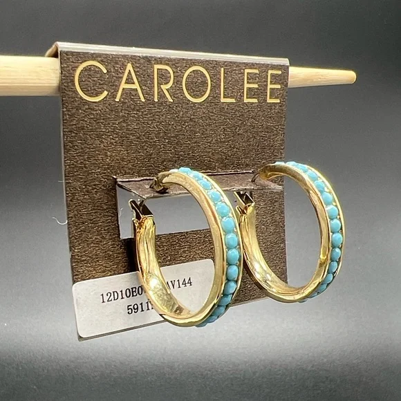 Carolee Gold-Tone Turquoise Seed Bead Hoop Earrings 1” NEW